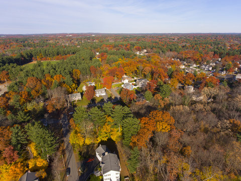 Aerial View Of Wilmington Historic Town Center With Fall Foliage, Wilmington, Massachusetts, USA.