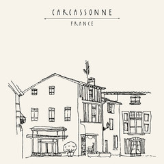 Obraz premium Antique houses in Carcassonne, France, Europe. Cozy European town near the famous castle. Hand drawing in retro style. Travel sketch. Vintage touristic postcard, poster or book illustration. EPS10 vec