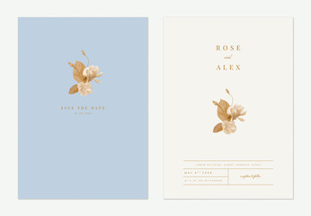Minimalist floral wedding invitation card template design, various flowers in brown tones on blue, pastel vintage theme