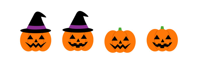 ハロウィン素材　ジャック・オ・ランタンのシンプルなイラスト　カボチャ　帽子を被った　魔女の帽子