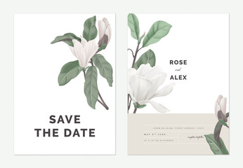 Floral wedding invitation card template design, white Anise magnolia flowers on white, pastel vintage theme