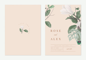 Floral wedding invitation card template design, Anise magnolia flowers with leaves on light orange, pastel vintage theme - obrazy, fototapety, plakaty