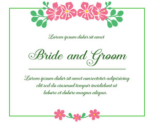 Bride and groom concept, romantic, with pink floral frame on white background. Vector