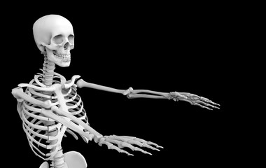 3d rendering. Ghost  human skull skeleton bones on black background. Horror Halloween concept.