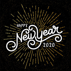 Happy New Year Lettering with burst rays. Holiday Vector Illustration. Lettering Composition And Rays Or Sunburst