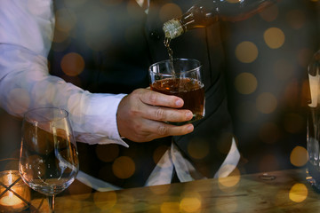 Bartender Serve Whiskey, on wood