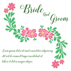 Place for text, bride and groom, romantic, with graphic of pink floral frame. Vector