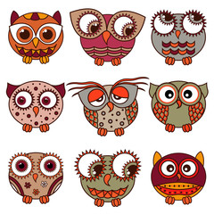 Set of nine funny owls in oval shapes