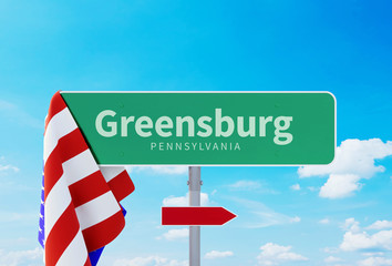 Greensburg – Pennsylvania. Road or Town Sign. Flag of the united states. Blue Sky. Red arrow shows the direction in the city. 3d rendering