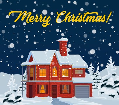 Christmas holidays house with Xmas lights and snow