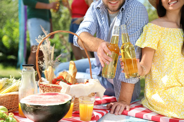 Young people enjoying picnic in park on summer day, closeup
