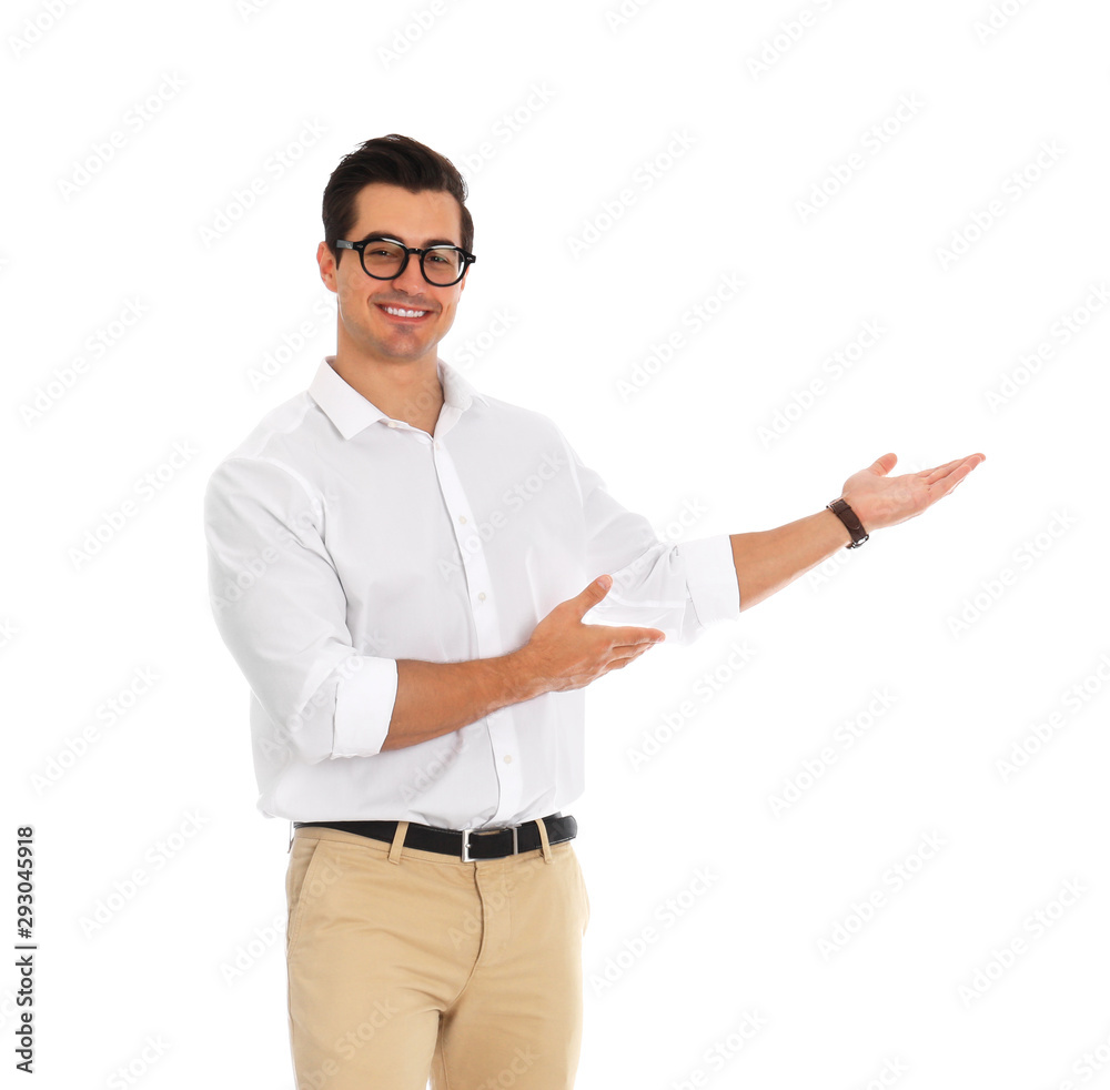 Wall mural Professional business trainer pointing on something, white background