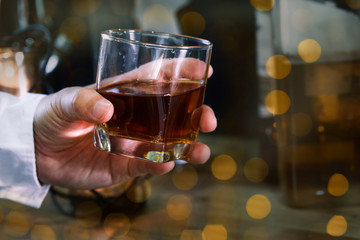 Bartender Serve Whiskey, on wood bar, 