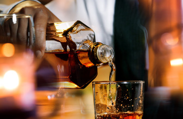Bartender Serve Whiskey, on wood bar, 