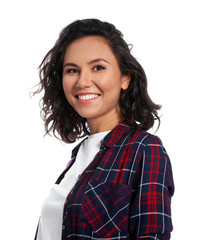 Portrait of happy young woman on white background