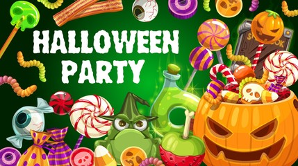 Halloween trick or treat candies, jellies, pumpkin