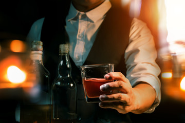 Bartender Serve Whiskey, on wood bar,
