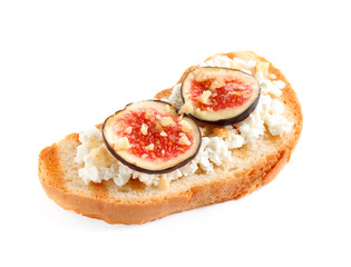 Bruschetta with cheese and figs isolated on white