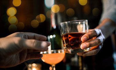 Bartender Serve Whiskey, on wood
