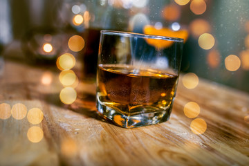 Bartender Serve Whiskey, on wood bar, 