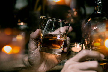 Bartender Serve Whiskey, on wood bar, 