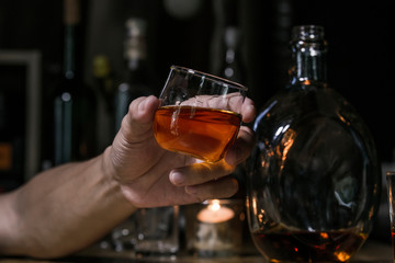 Bartender Serve Whiskey, on wood bar, 