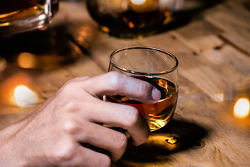 Bartender Serve Whiskey, on wood bar, 