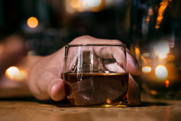 Bartender Serve Whiskey, on wood bar, 