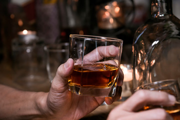 Bartender Serve Whiskey, on wood bar