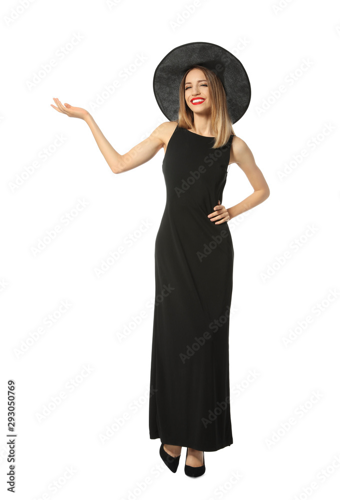 Sticker Beautiful young woman wearing witch costume for Halloween party on white background