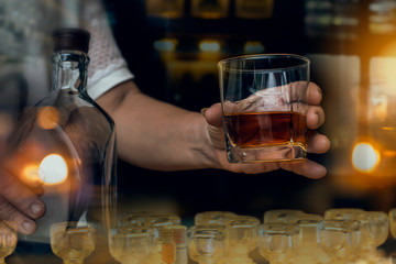 Bartender Serve Whiskey, on wood bar, 