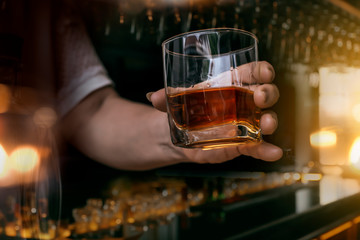Bartender Serve Whiskey, on wood bar, 