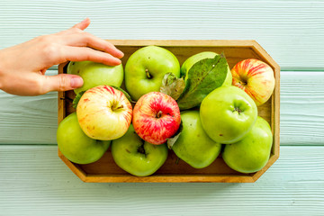 Healthy diet concept. Fresh apples in tray, hand hold apple, green wooden background top view