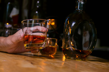 Bartender Serve Whiskey, on wood bar