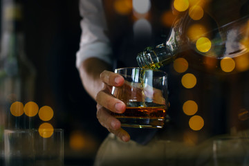Bartender Serve Whiskey, on wood
