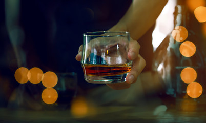 Bartender Serve Whiskey, on wood bar 