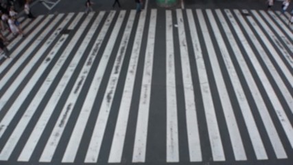 UMEDA, OSAKA, JAPAN - CIRCA SEPTEMBER 2019 : Aerial blurred view of zebra crossing near Osaka train station. Crowd of people at the street. Shot in busy rush hour. Slow motion.