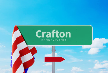 Crafton – Pennsylvania. Road or Town Sign. Flag of the united states. Blue Sky. Red arrow shows the direction in the city. 3d rendering