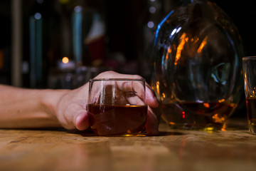 Bartender Serve Whiskey, on wood bar, 