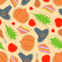 Thanksgiving Day seamless pattern with holiday objects. Design for greeting card, gift box, wallpaper, fabric, web design. - 293054960