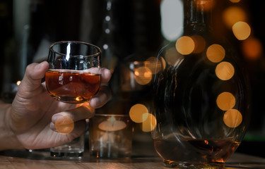 Bartender Serve Whiskey, on wood bar,