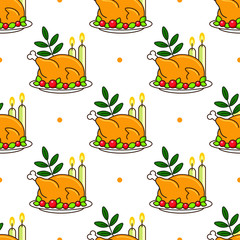 Thanksgiving day seamless pattern with roasted turkey for greeting card, gift box, wallpaper, fabric, web design. Isolated on white.