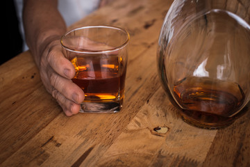 Bartender Serve Whiskey, on wood bar,