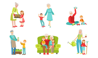 Fototapeta premium Grandparents Spending Time with Grandchildren Set, Grandfather and Grandmother Playing, Walking, Working in the Garden with their Grandsons and Granddaughters Vector Illustration