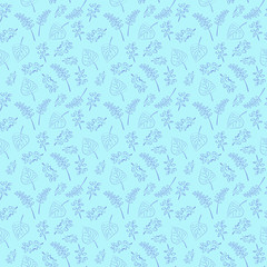 Seamless pattern of  blue leaves outline on light blue background