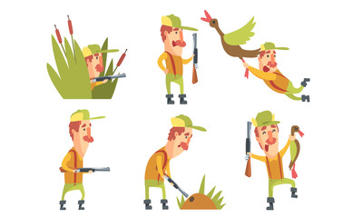 Fototapeta premium Collection of Funny Hunter Character with Gun in Different Situations Cartoon Vector Illustration