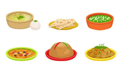 Collection of Delicious Food Dishes, National Cuisine, Cafe, Restaurant Menu Design Element Vector Illustration