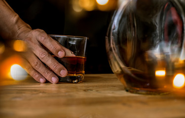 Bartender Serve Whiskey, on wood bar, 