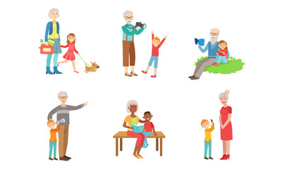 Grandparents Spending Time with Grandchildren Set, Grandfather and Grandmother Playing, Walking, Reading Books with their Grandsons and Granddaughters Vector Illustration