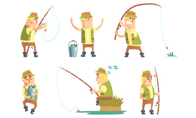 Fisherman Catching Fish with Fishing Rod Set, Funny Fisher Cartoon Character Having Active Leisure on Nature Vector Illustration